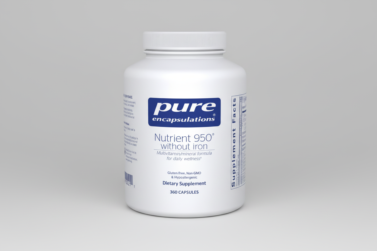 Supplement bottle labeled 'pure encapsulations Nutrient 950 without iron' on a white background