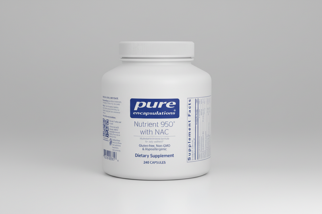 White supplement bottle labeled 'pure encapsulations Nutrient 950 with NAC' on a white background