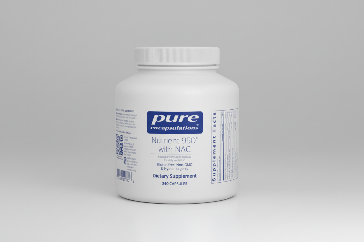 White supplement bottle labeled 'pure encapsulations Nutrient 950 with NAC' on a white background