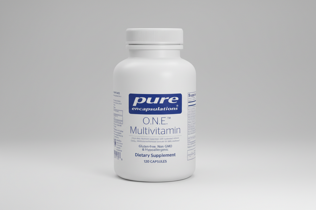 White bottle of pure encapsulations O.N.E. Multivitamin on a white background
