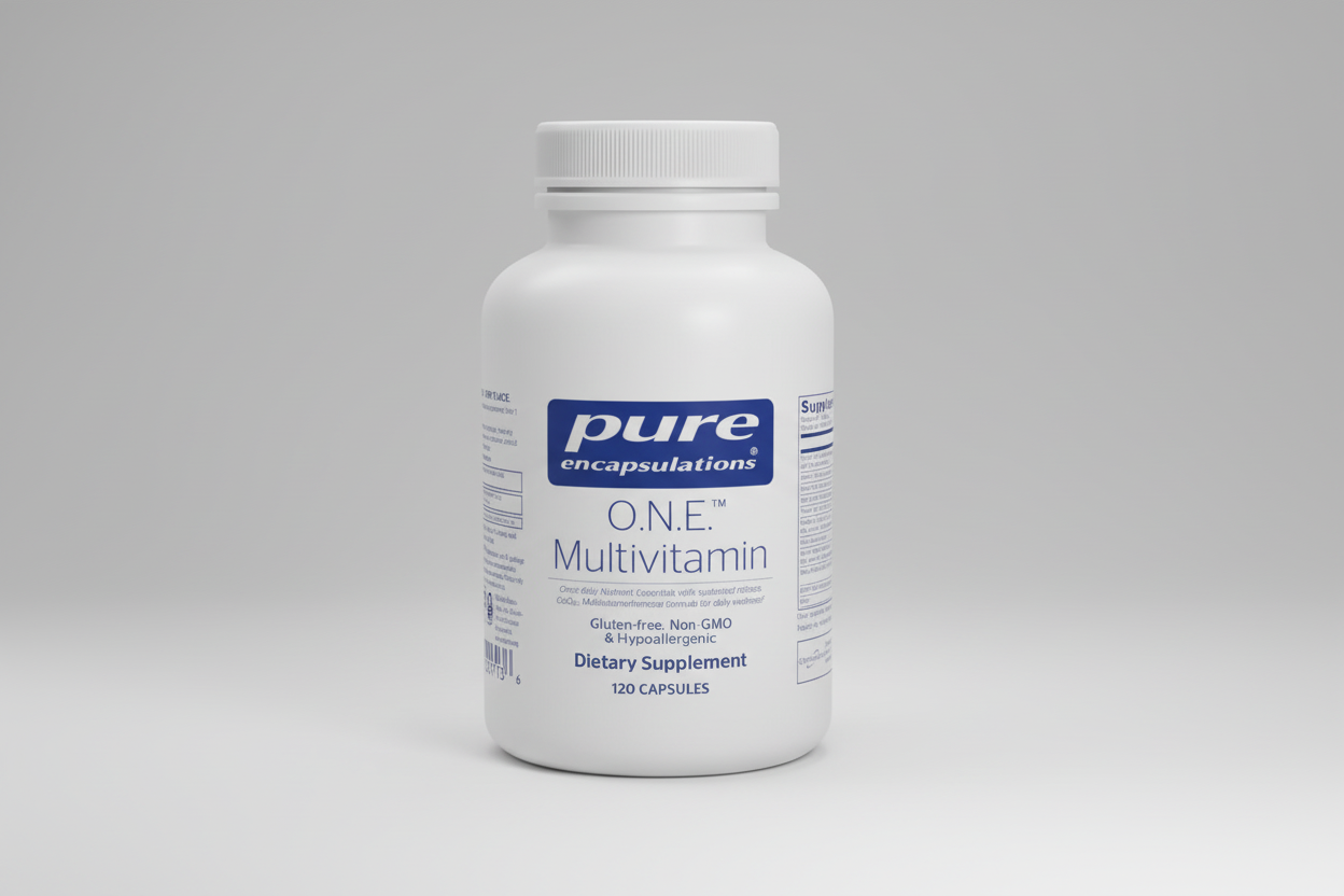 White bottle of pure encapsulations O.N.E. Multivitamin on a white background