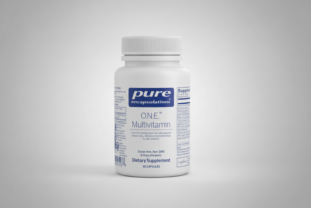 White bottle of pure encapsulations O.N.E. Multivitamin on a white background