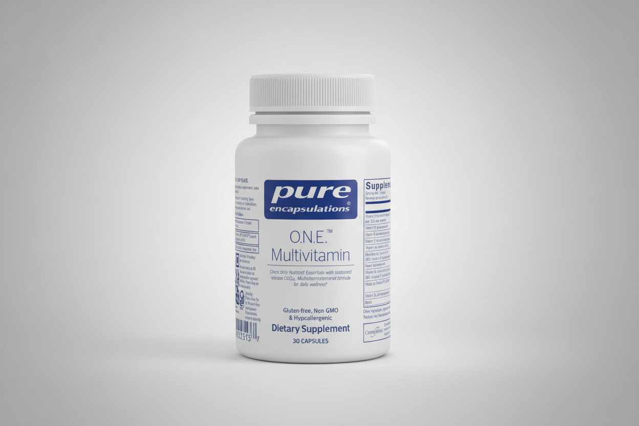 White bottle of pure encapsulations O.N.E. Multivitamin on a white background