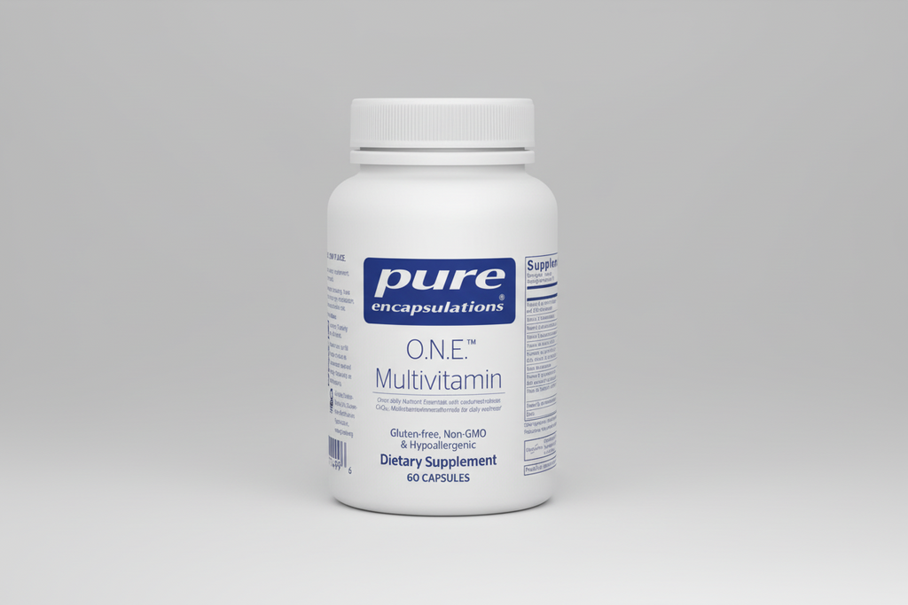 White supplement bottle labeled 'pure encapsulations O.N.E. Multivitamin' on a white background