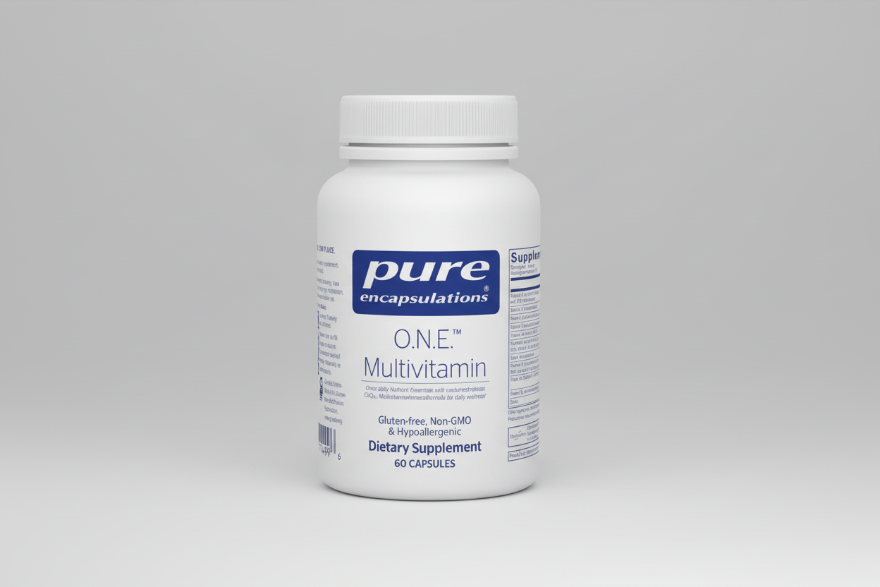 White supplement bottle labeled 'pure encapsulations O.N.E. Multivitamin' on a white background