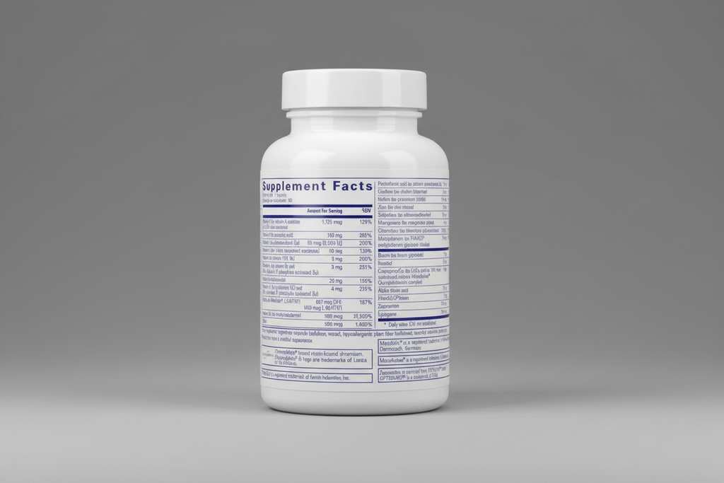 Supplement label with detailed nutritional information on a white background