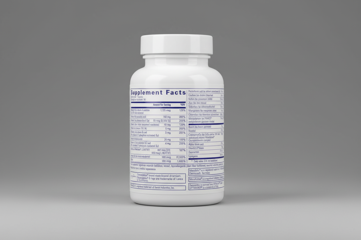 Supplement label with detailed nutritional information on a white background