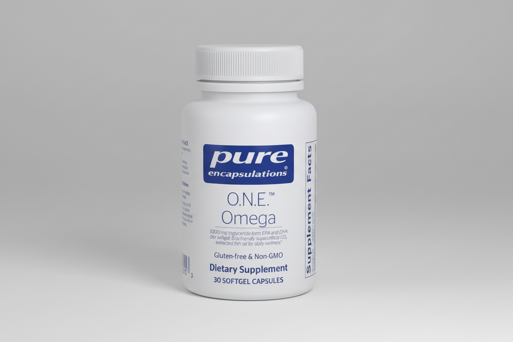 White bottle of pure encapsulations O.N.E. Omega dietary supplement on a white background