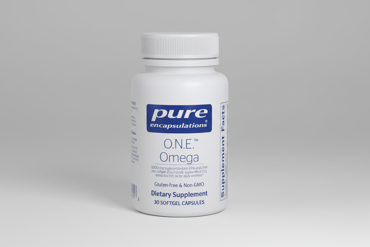 White bottle of pure encapsulations O.N.E. Omega dietary supplement on a white background