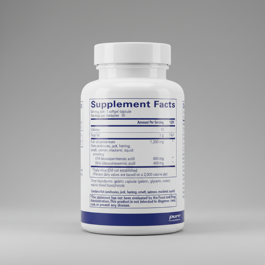 Supplement facts label for a fish oil supplement with pure encapsulations branding.