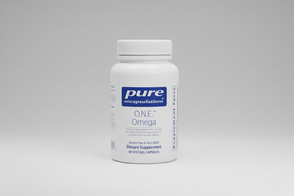 White supplement bottle labeled 'pure encapsulations O.N.E. Omega' on a white background