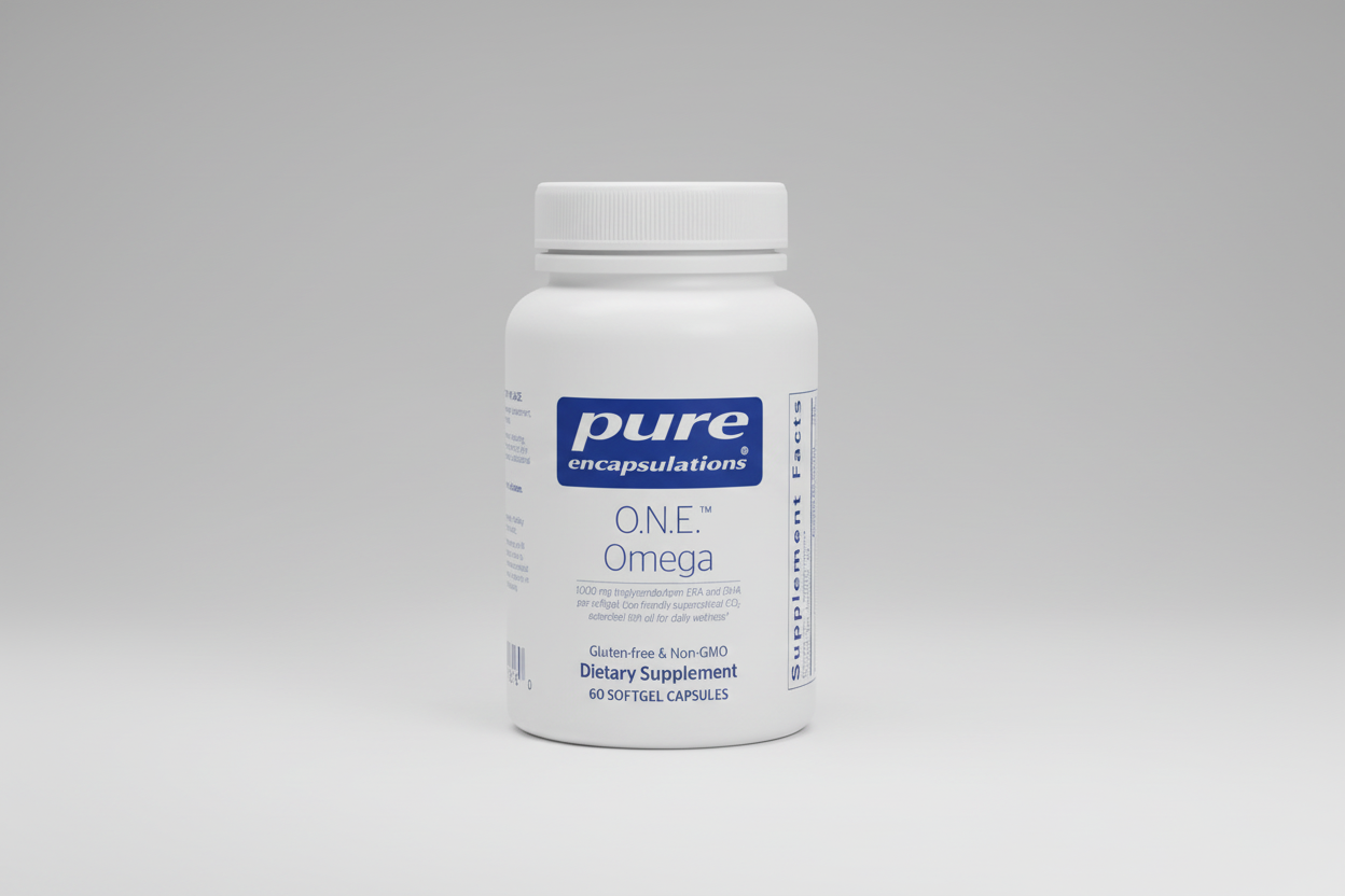White supplement bottle labeled 'pure encapsulations O.N.E. Omega' on a white background