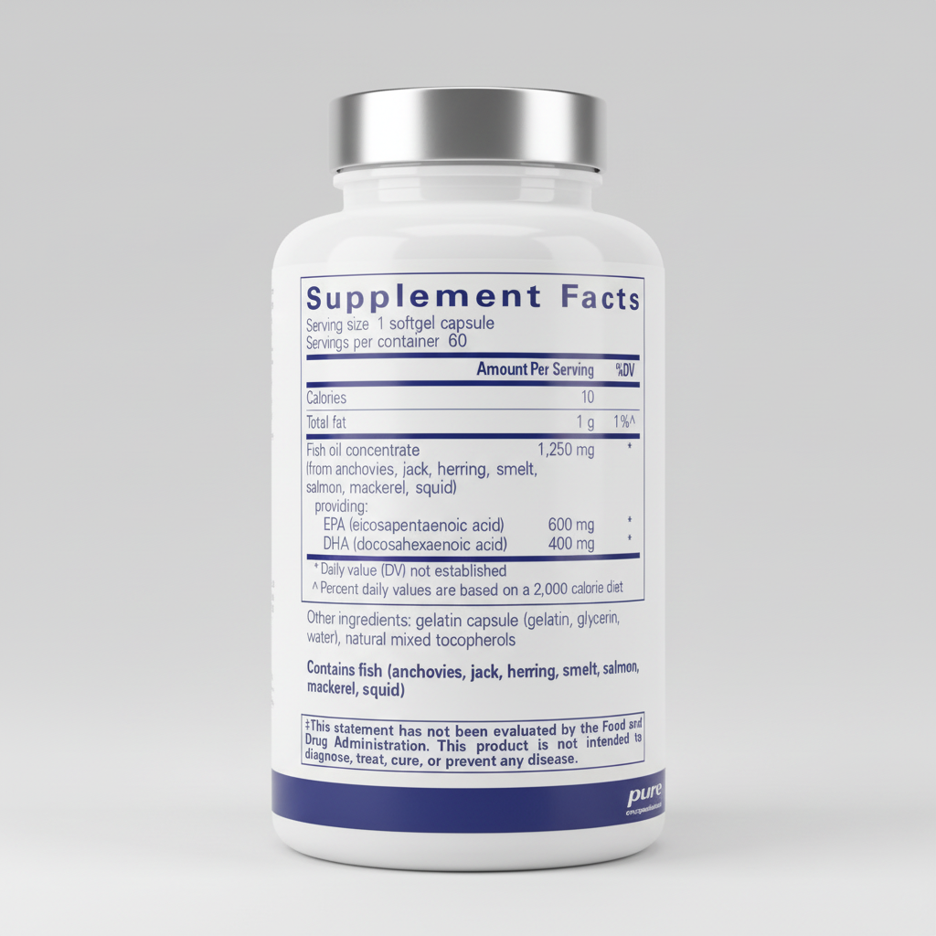 Supplement facts label for a fish oil product with pure encapsulations branding.