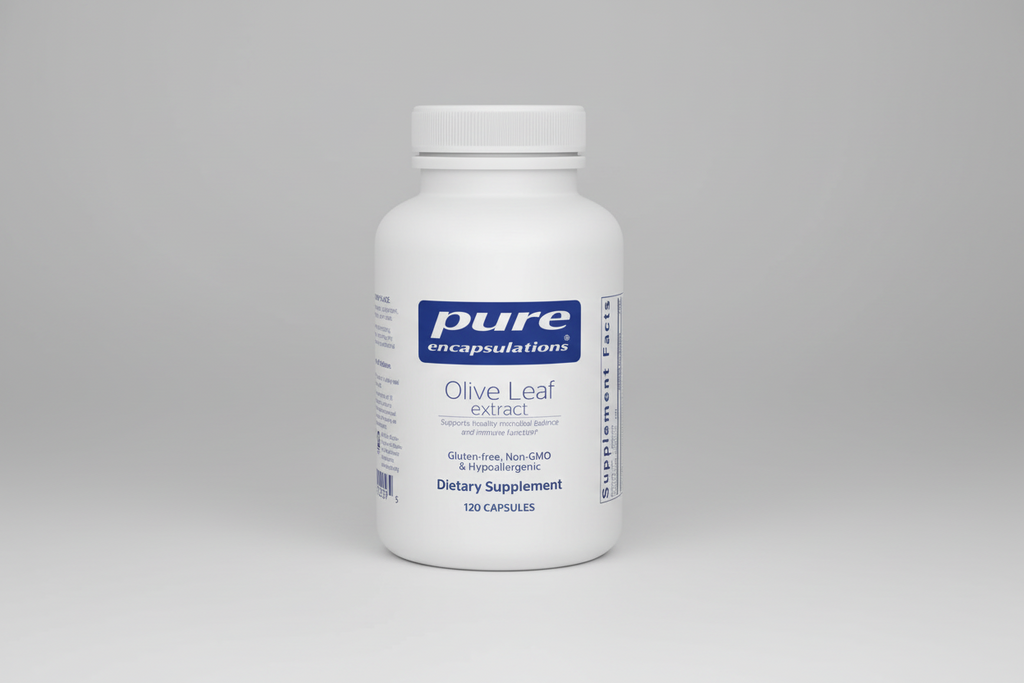 White bottle of pure encapsulations Olive Leaf extract supplement on a white background