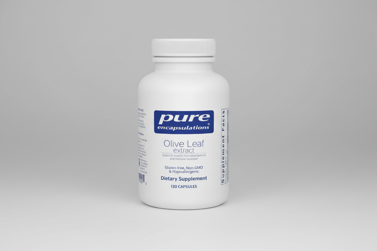 White bottle of pure encapsulations Olive Leaf extract supplement on a white background
