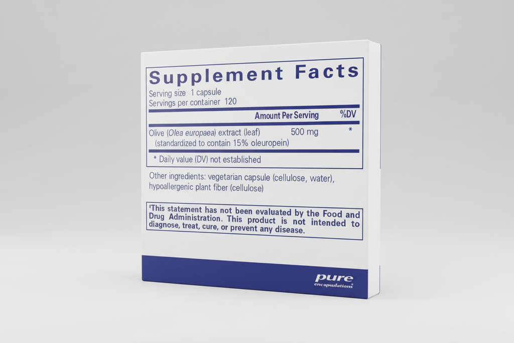 Supplement facts label for olive leaf extract with serving size and container details.