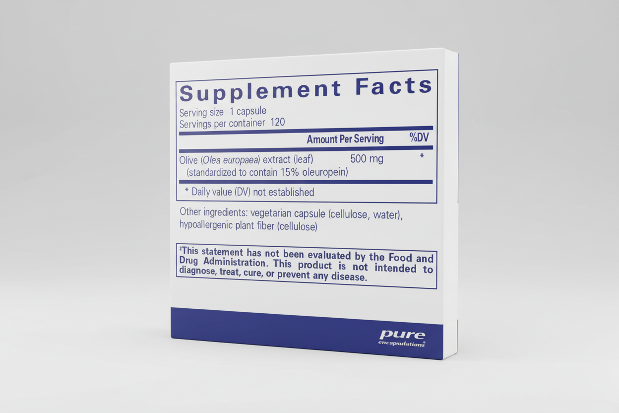 Supplement facts label for olive leaf extract with serving size and container details.