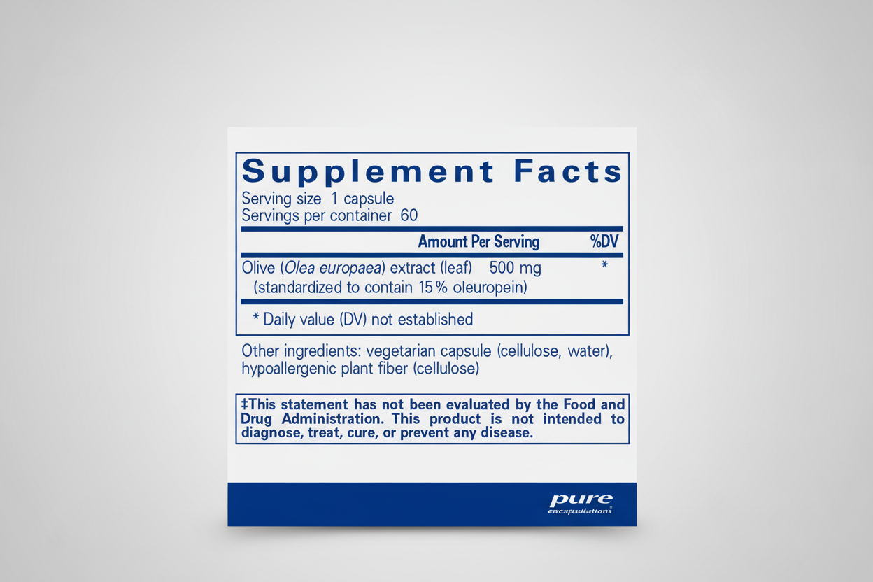 Supplement facts label for olive leaf extract with serving size and container details.
