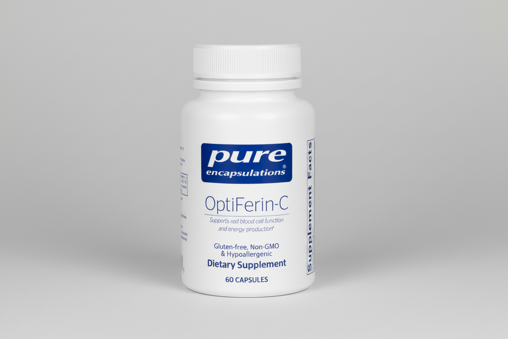 White supplement bottle labeled 'pure encapsulations OptiFerin-C' on a white background