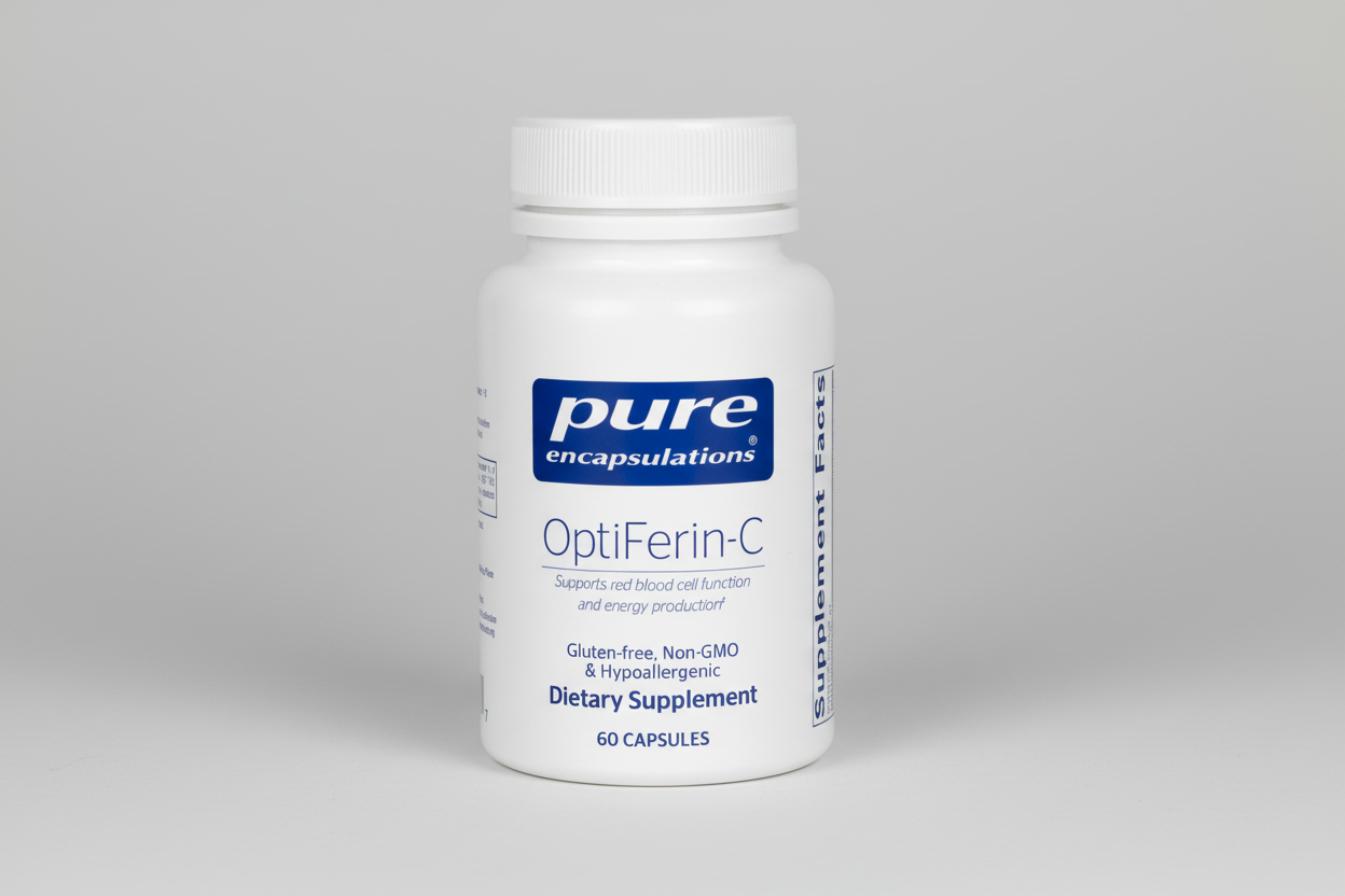 White supplement bottle labeled 'pure encapsulations OptiFerin-C' on a white background