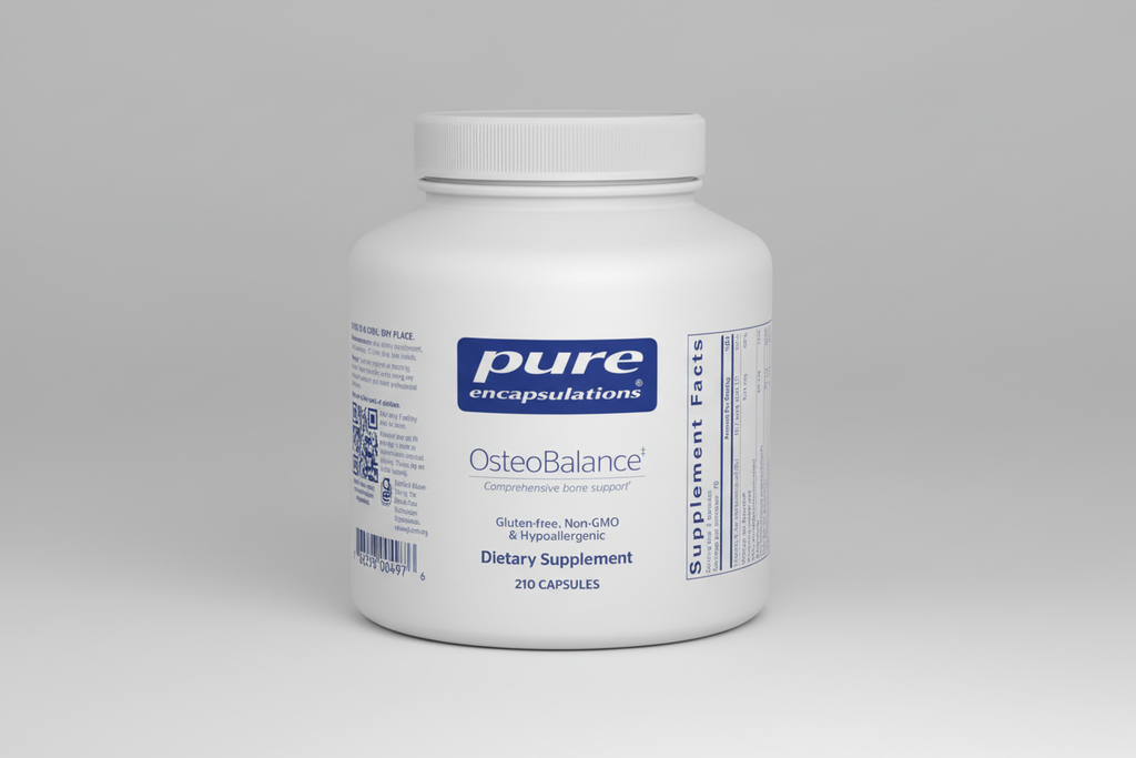 White supplement container labeled 'pure encapsulations OsteoBalance' on a white background