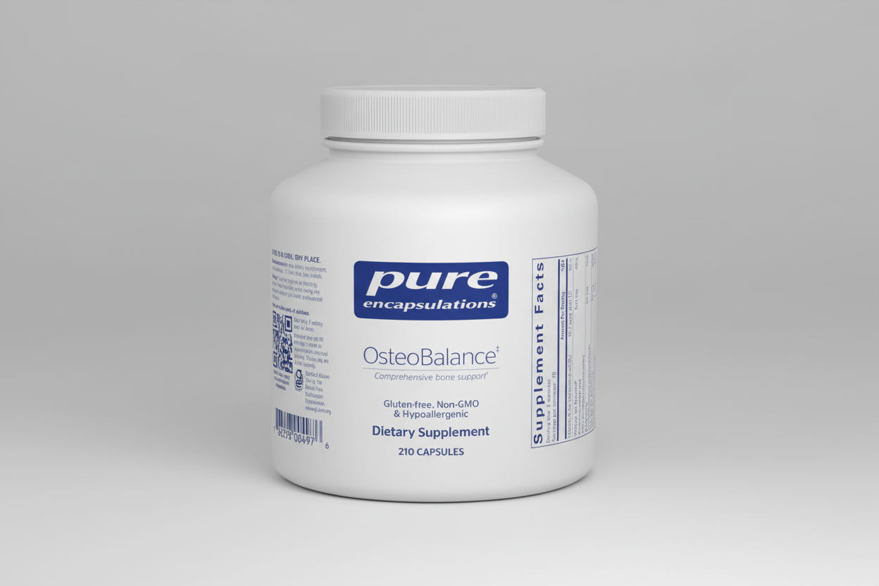 White supplement container labeled 'pure encapsulations OsteoBalance' on a white background