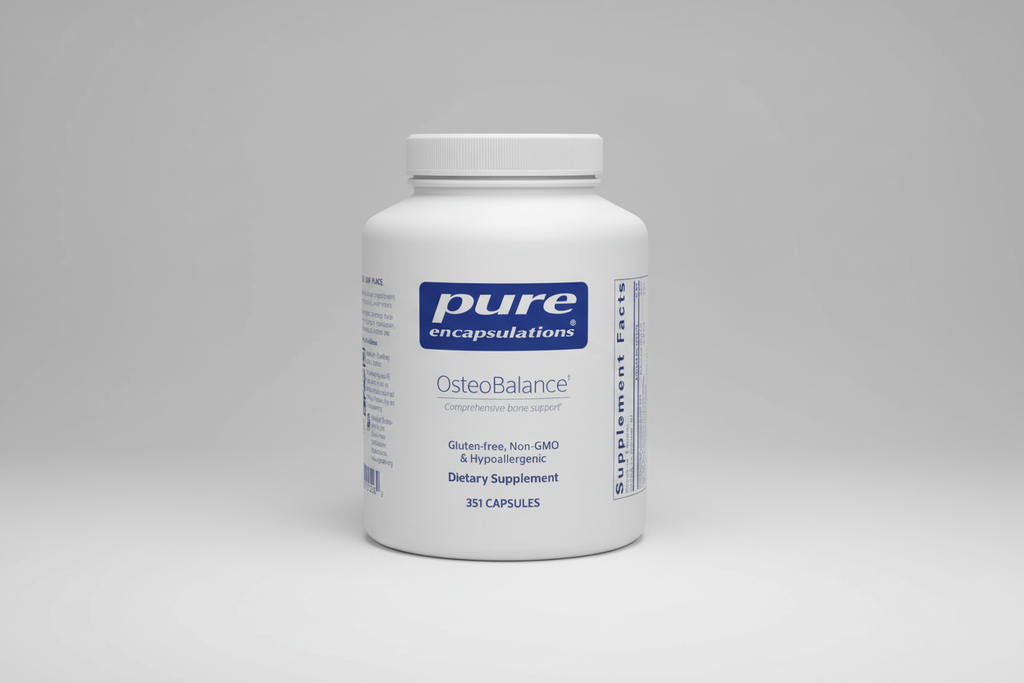 White supplement bottle labeled 'pure encapsulations OsteoBalance' on a white background
