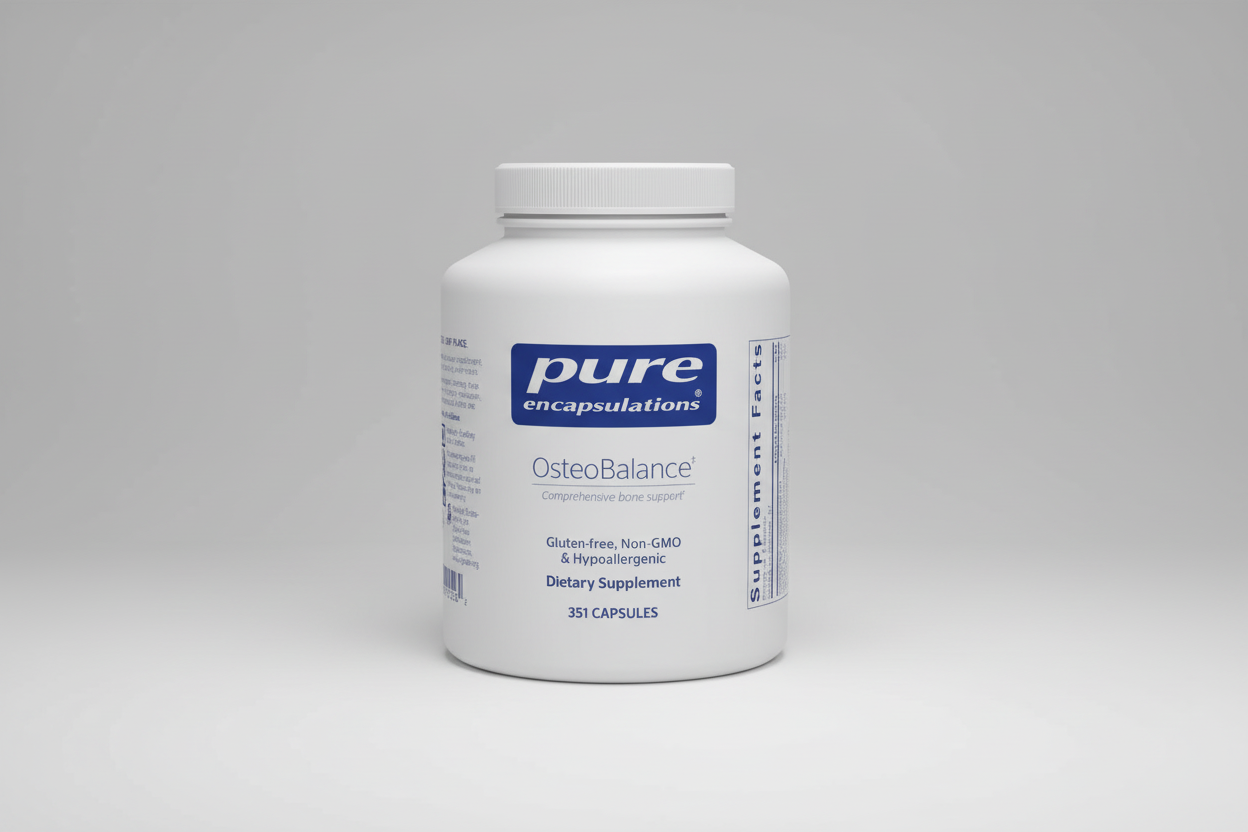 White supplement bottle labeled 'pure encapsulations OsteoBalance' on a white background