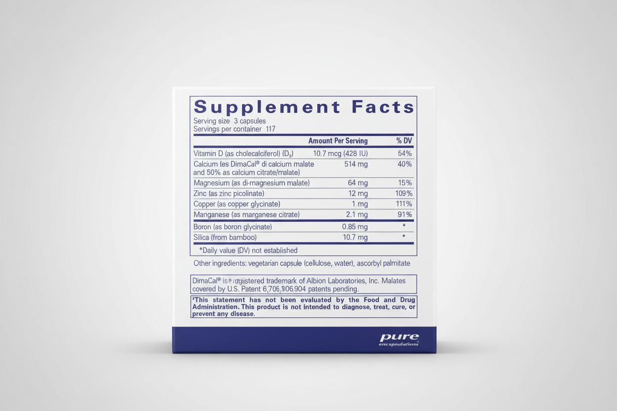 Supplement facts label for a multivitamin product with various nutrients listed.