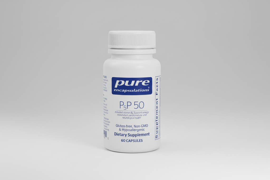 White supplement bottle labeled 'pure encapsulations P5P 50' on a white background