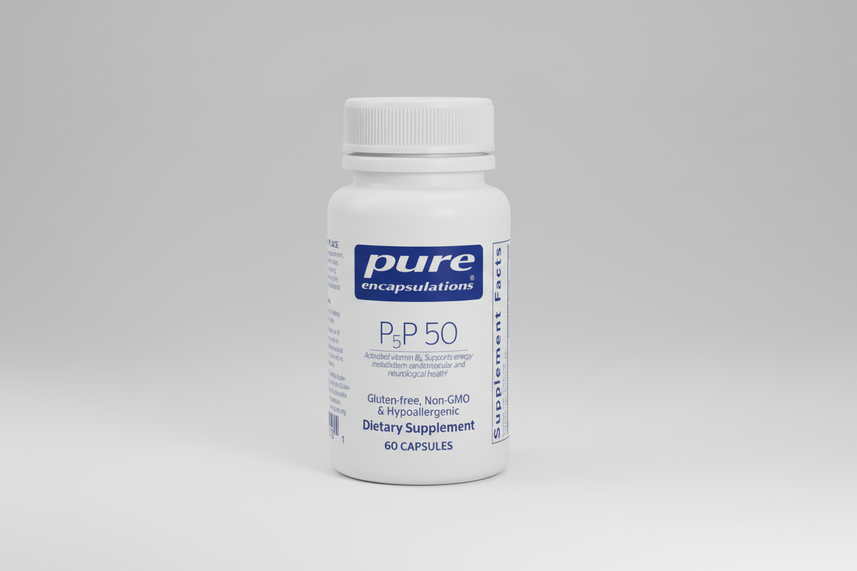 White supplement bottle labeled 'pure encapsulations P5P 50' on a white background
