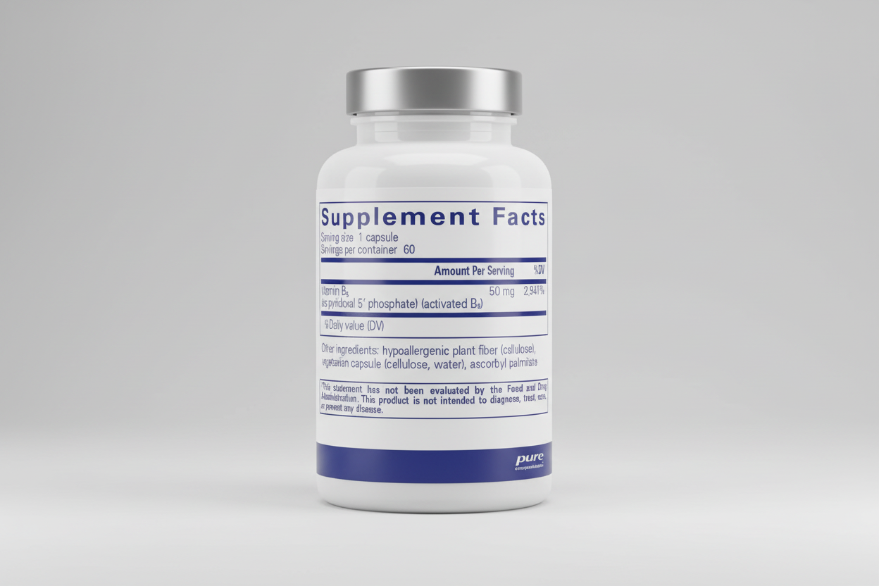 Supplement facts label for Vitamin B5 with serving size and container details.