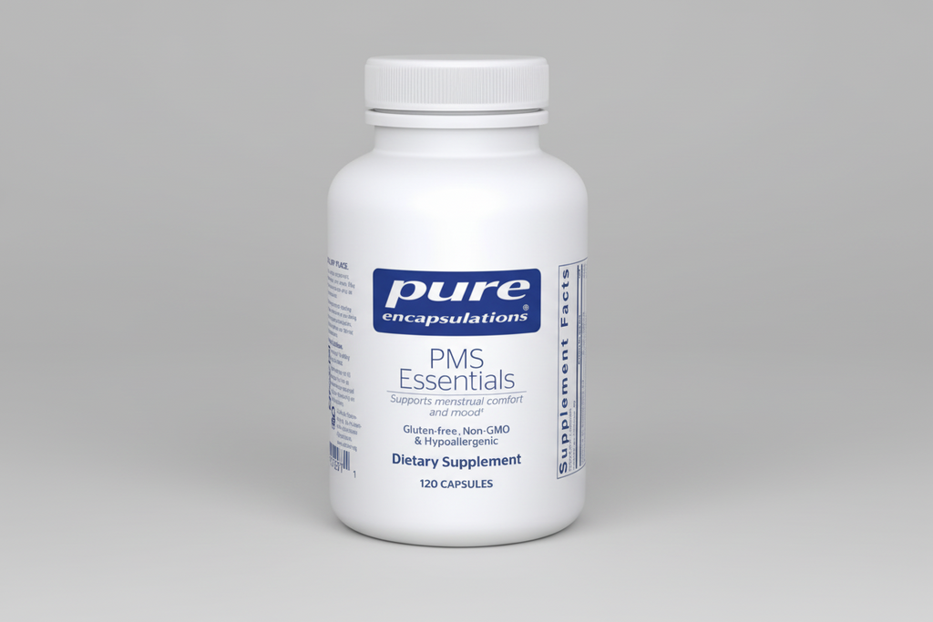 White bottle of pure encapsulations PMS Essentials dietary supplement on a white background