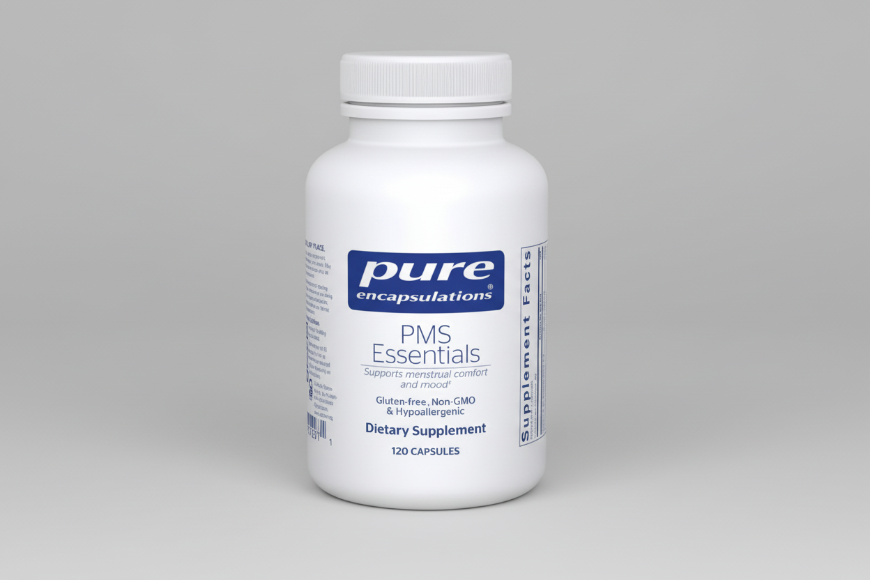 White bottle of pure encapsulations PMS Essentials dietary supplement on a white background