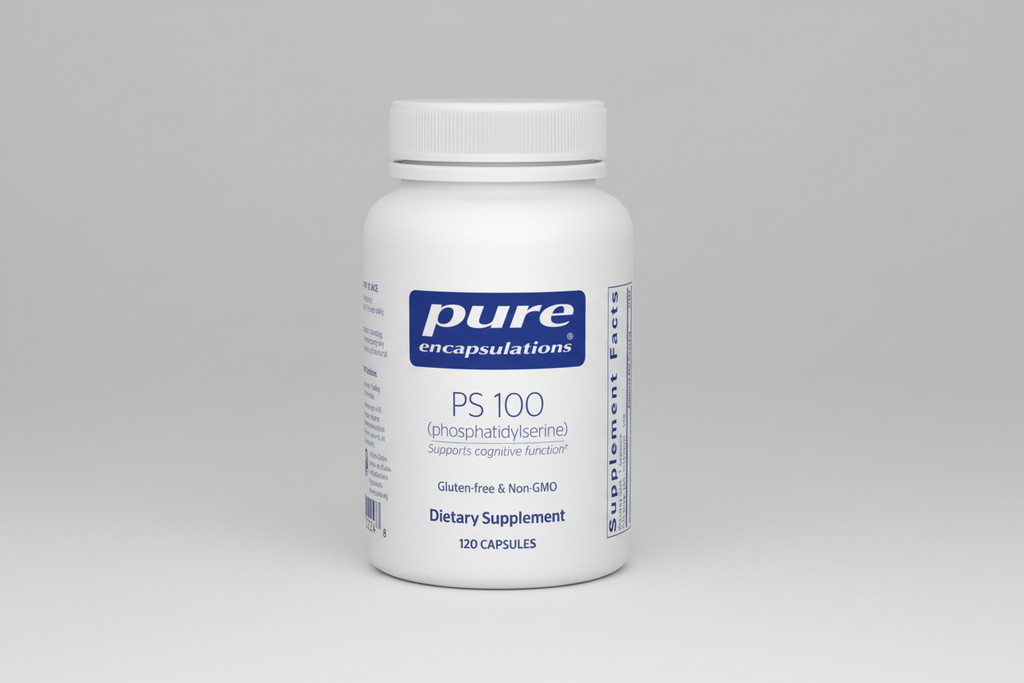 White supplement bottle labeled 'pure encapsulations PS 100' on a white background