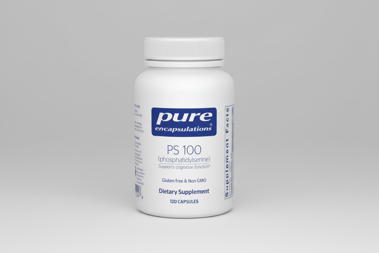 White supplement bottle labeled 'pure encapsulations PS 100' on a white background