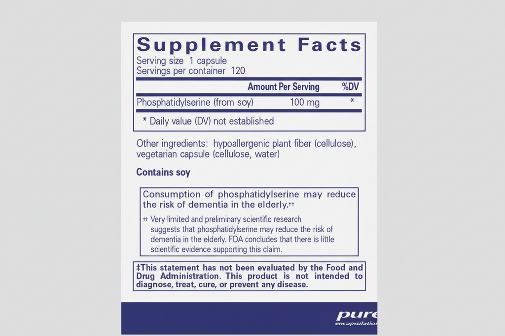 Supplement facts label for a product containing phosphatidylserine with branding from pure encapsulations.