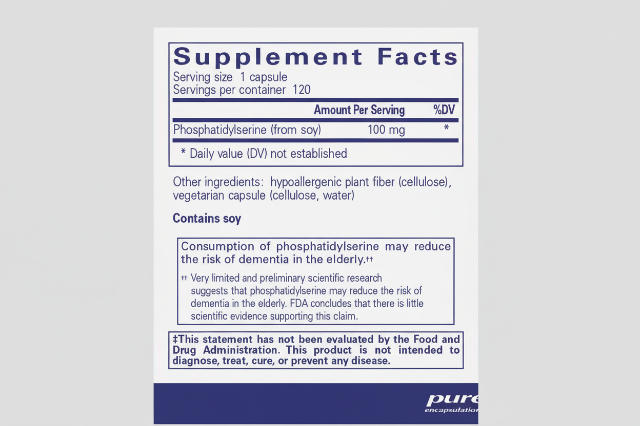 Supplement facts label for a product containing phosphatidylserine with branding from pure encapsulations.
