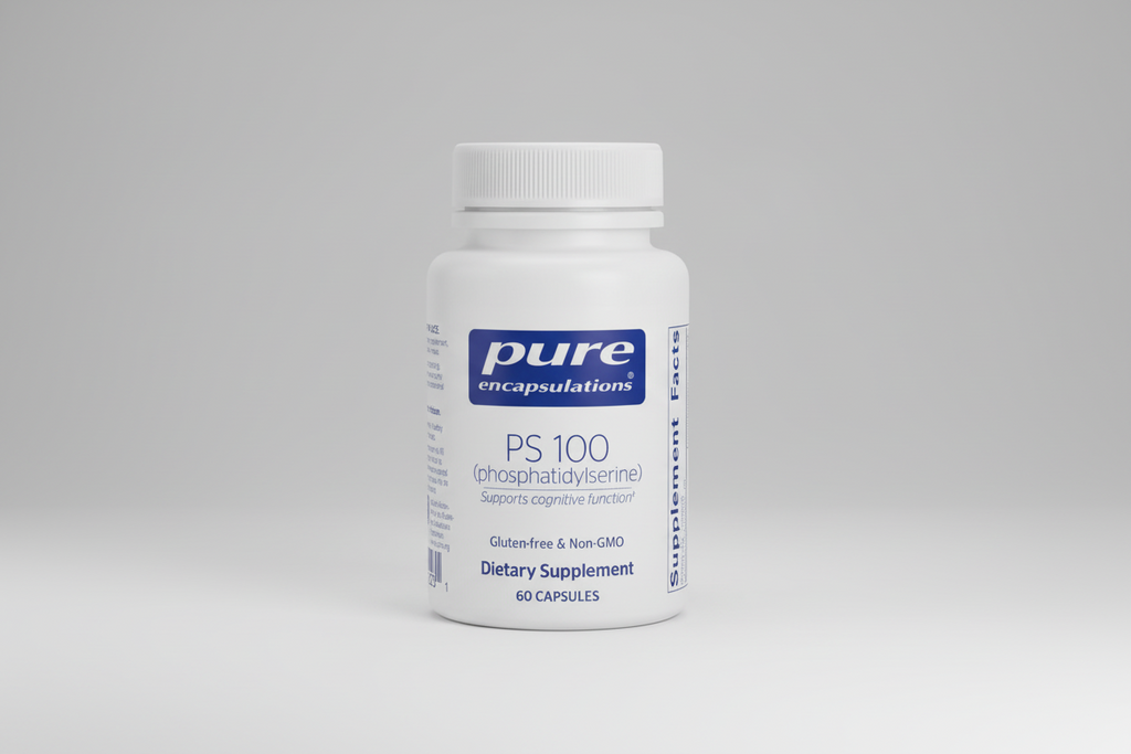 Supplement bottle labeled 'pure encapsulations PS 100' on a white background