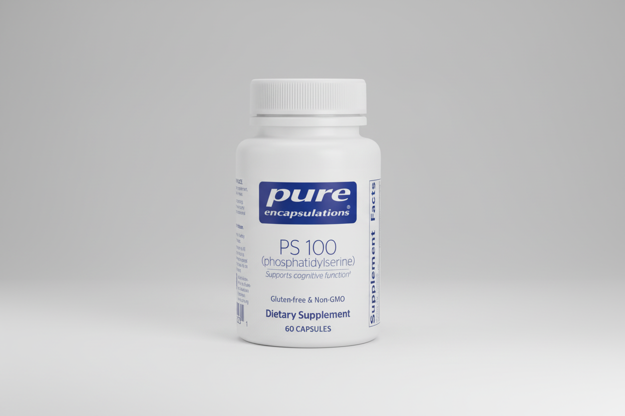 Supplement bottle labeled 'pure encapsulations PS 100' on a white background
