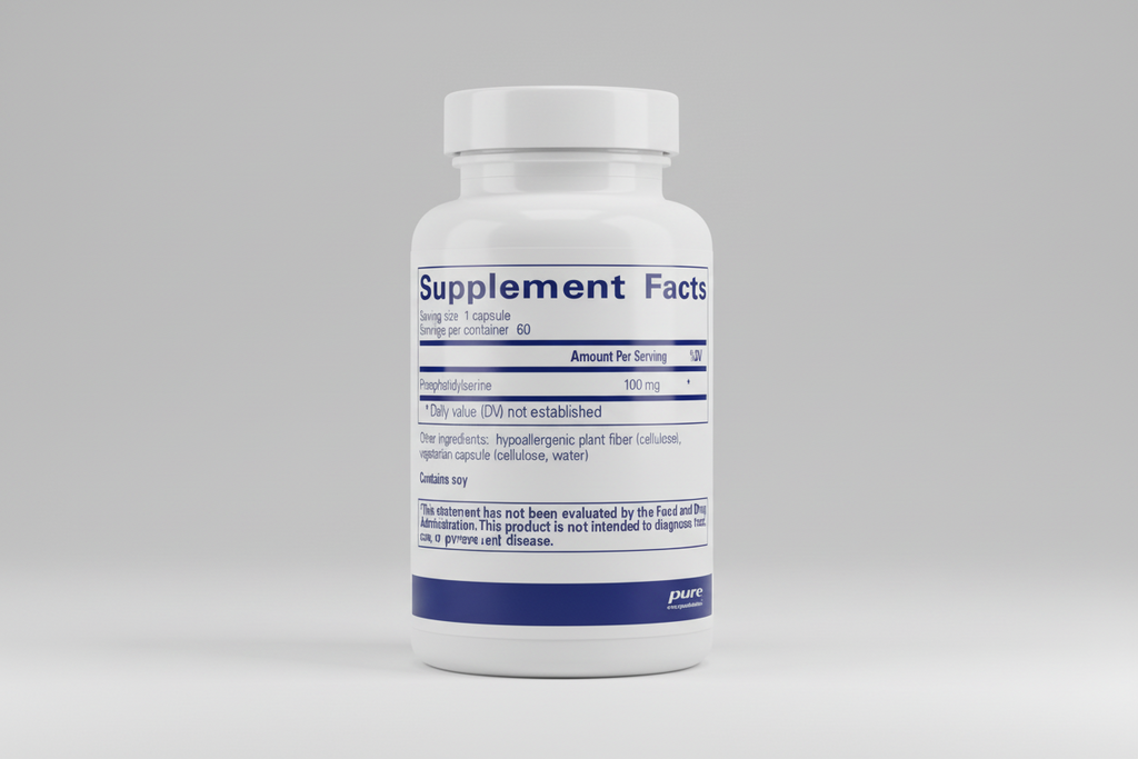 Supplement facts label for a product containing phosphatidylserine with 'pure encapsulations' branding.