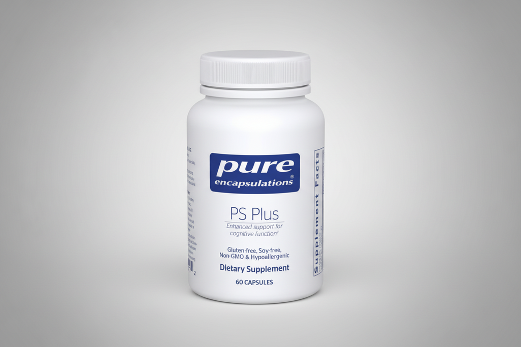White supplement bottle labeled 'pure encapsulations PS Plus' on a white background