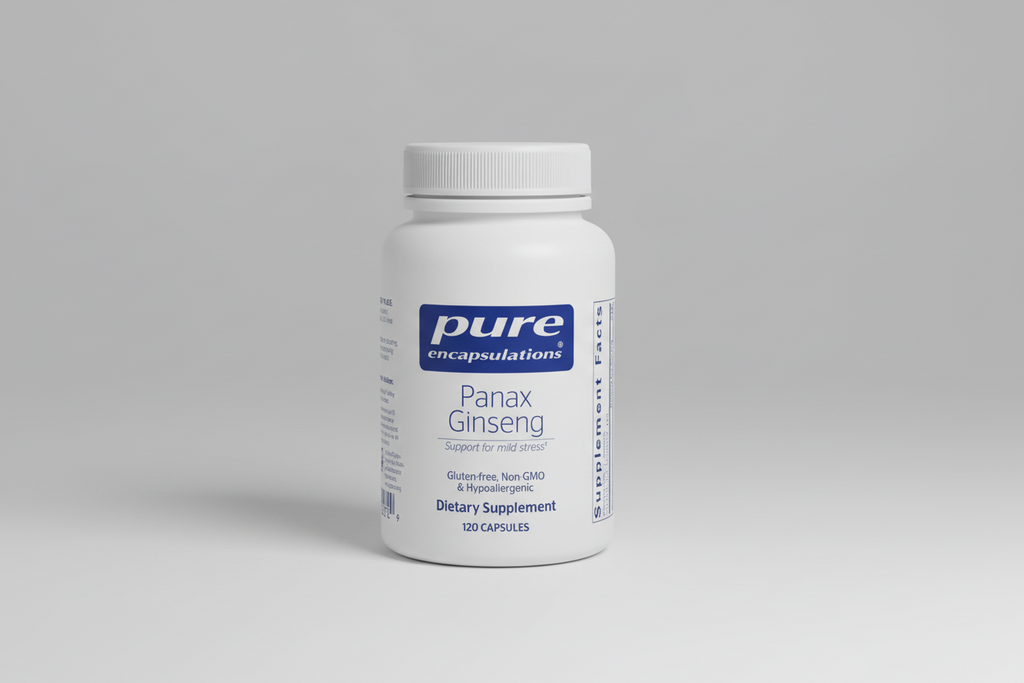 White supplement bottle labeled 'pure encapsulations Panax Ginseng' on a white background