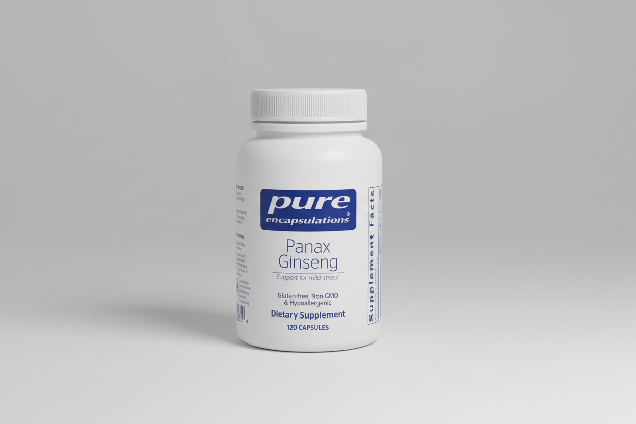 White supplement bottle labeled 'pure encapsulations Panax Ginseng' on a white background
