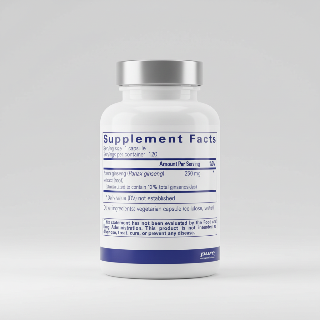 Supplement facts label for Asian ginseng extract with serving size and container details.