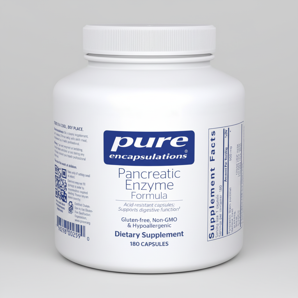 White container of pure encapsulations Pancreatic Enzyme Formula on a white background