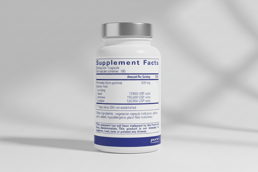 Supplement facts label for pancreatic enzyme capsules with pure encapsulations branding.