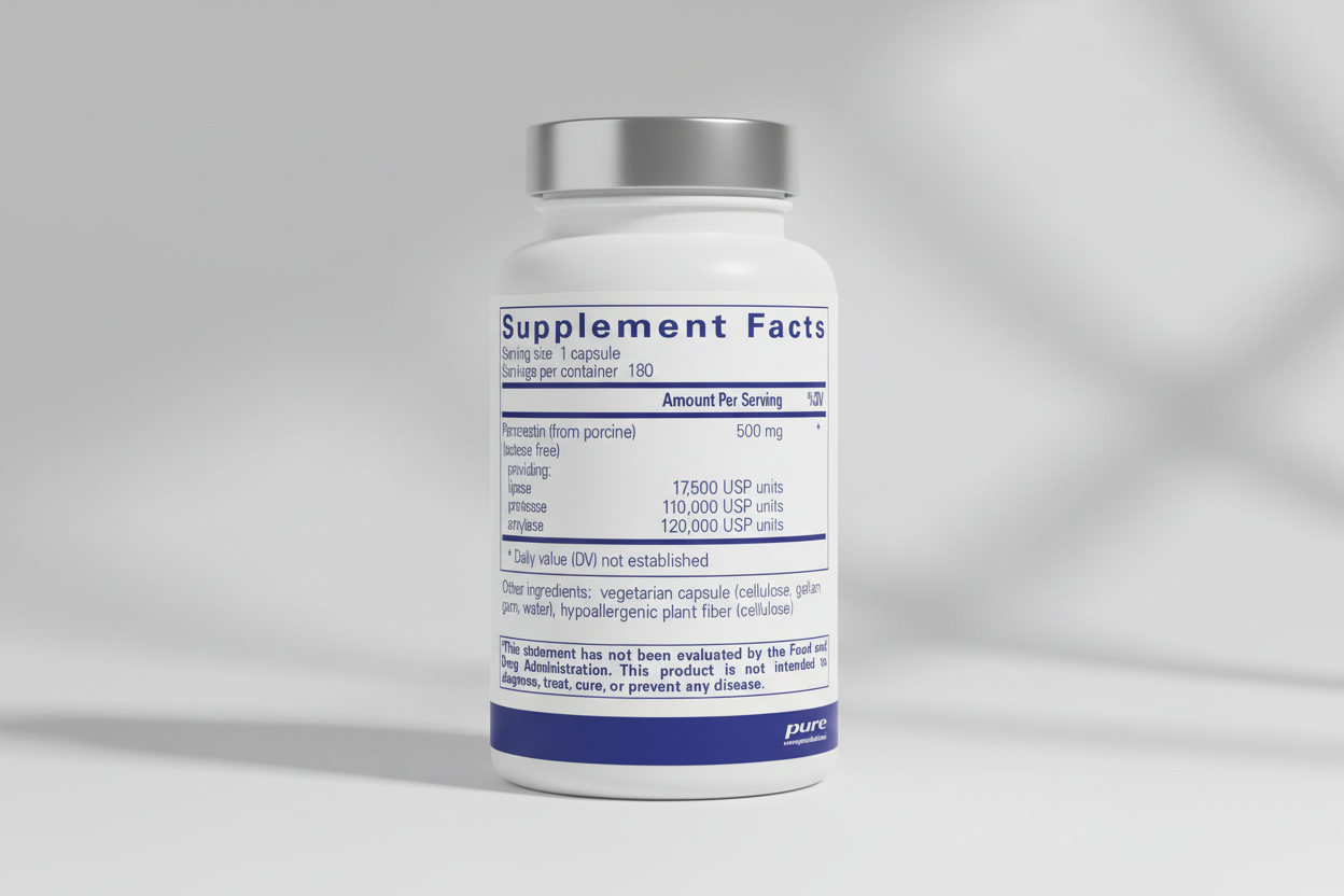 Supplement facts label for pancreatic enzyme capsules with pure encapsulations branding.