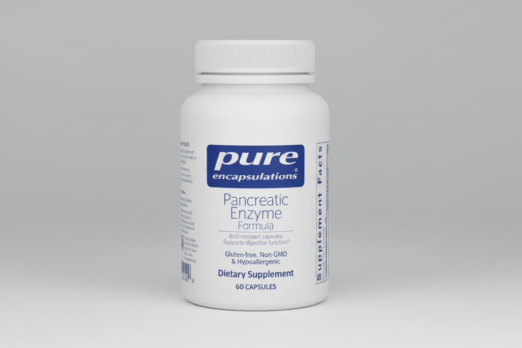 White supplement bottle labeled 'pure encapsulations Pancreatic Enzyme Formula' on a white background