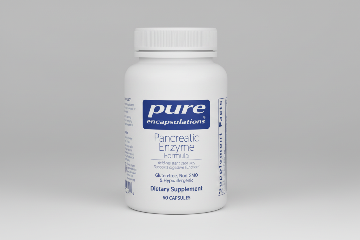 White supplement bottle labeled 'pure encapsulations Pancreatic Enzyme Formula' on a white background